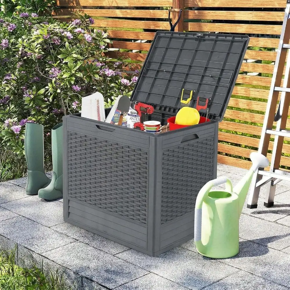 

Gallon Outdoor Storage Box, PP Deck Container With Rattan Patterns Lockable Lid, AllWeather Patio Plastic Storage Bin For Packa
