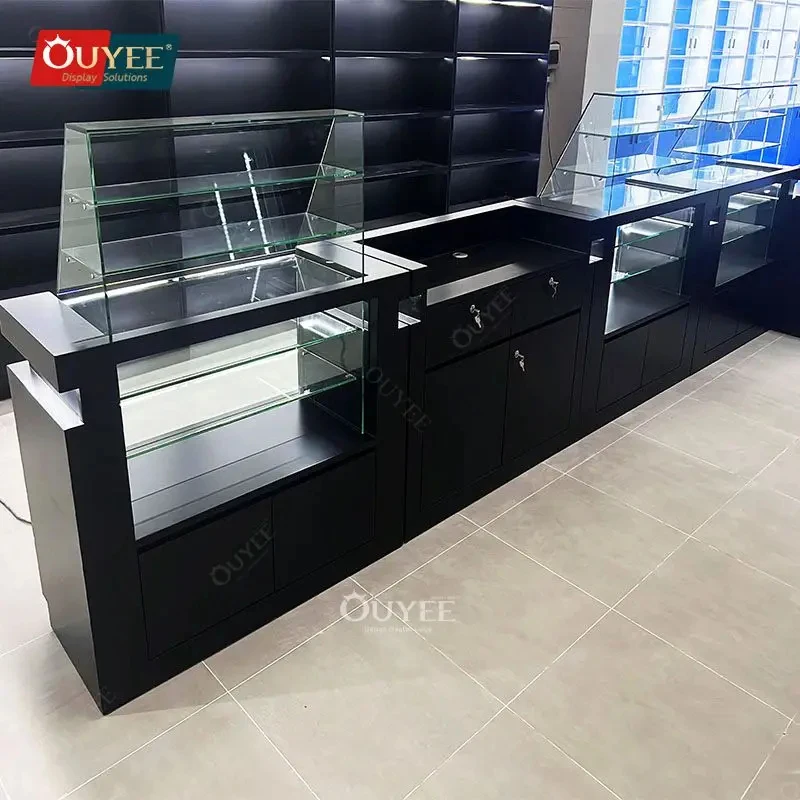custom.Luxury Unique Display Wood Stand Stalinite Glass Display Shelves Smoke Shop Cabinet Tempered Glass Counter Display