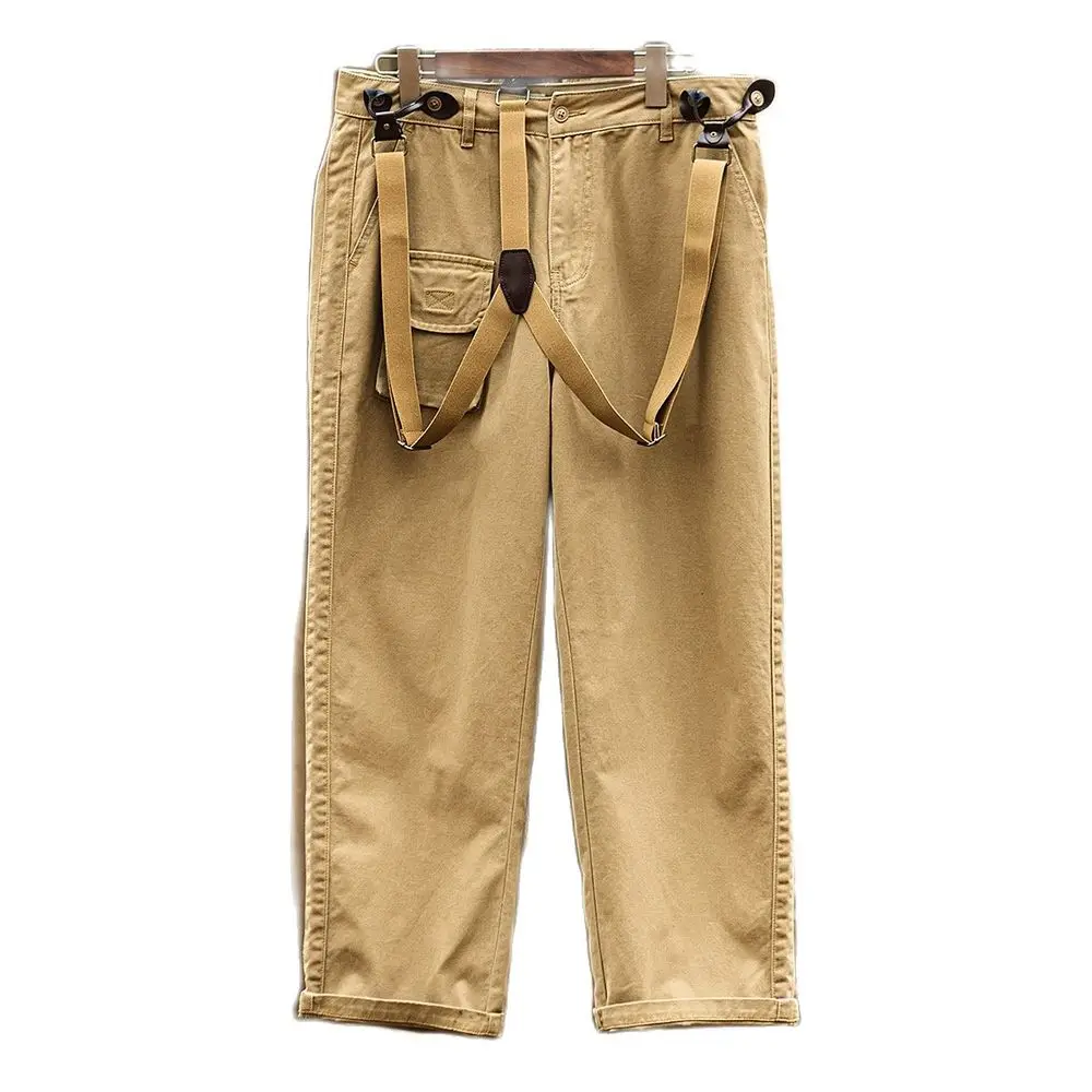 

Suspender Men's Loose Straight Multi-pockets Khaki Overalls Outdoor Casual Retro Cargo Pants for Male Boyfriend