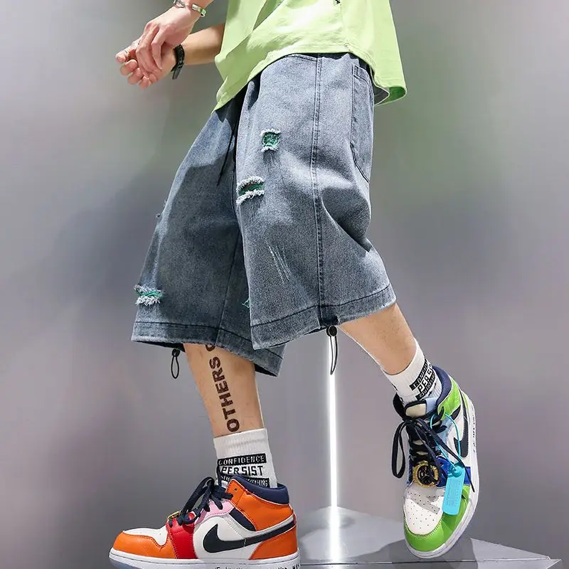 

Men's Loose Fit Distressed Denim Shorts Wide Leg Mid Length Summer Lightweight High Street Hip Hop Trendy Casual Wear