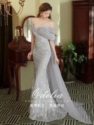 Grey Shiny Celebrity Dresses Mermaid Detachable Bow Train Off Shoulder Boat Neck Floor-Length Wedding Party Evening Prom Gowns