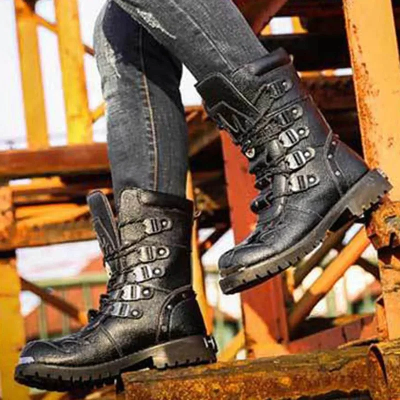 

Men'S Boots Mid-Calf Casual Motorcycle Boots Leather Strap Metal Motorcycle Riding Punk Rock Shoes Slip On Zapatillas De Hombre