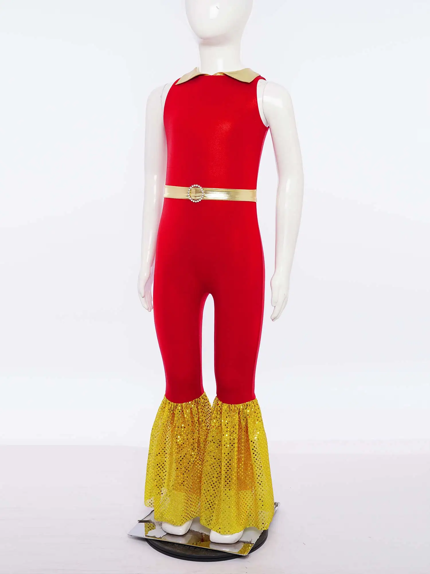 Kids Girls Disco Jumpsuit Party Dance Leotard Hippie Costume 60s 70s Party Flares Shiny Performance Clothes Sleeveless Bodysuit