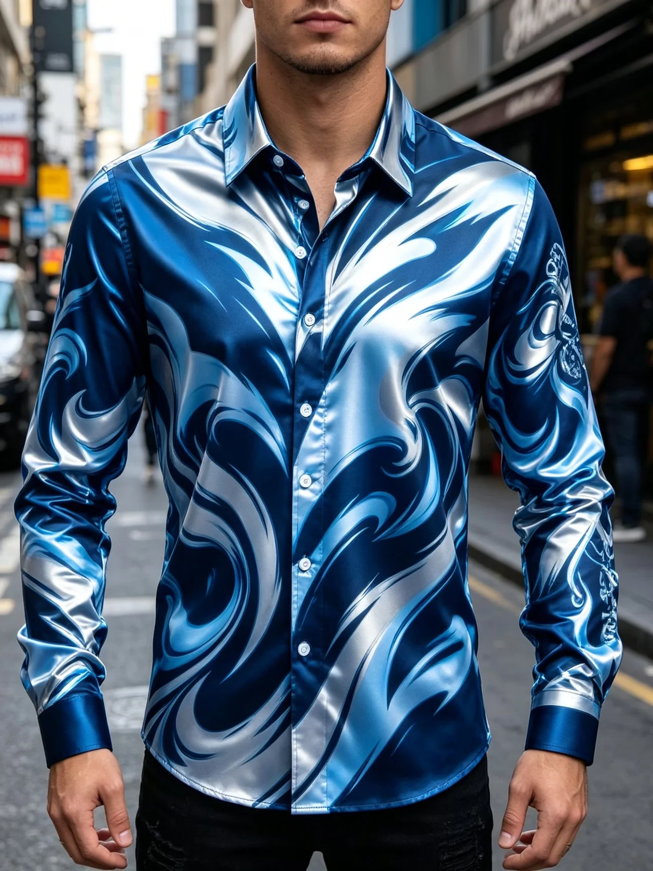 New Black Bottom European Baroque Curly Grass Embossed Texture Printed Men's Collar Hanging Long Sleeve Shirt