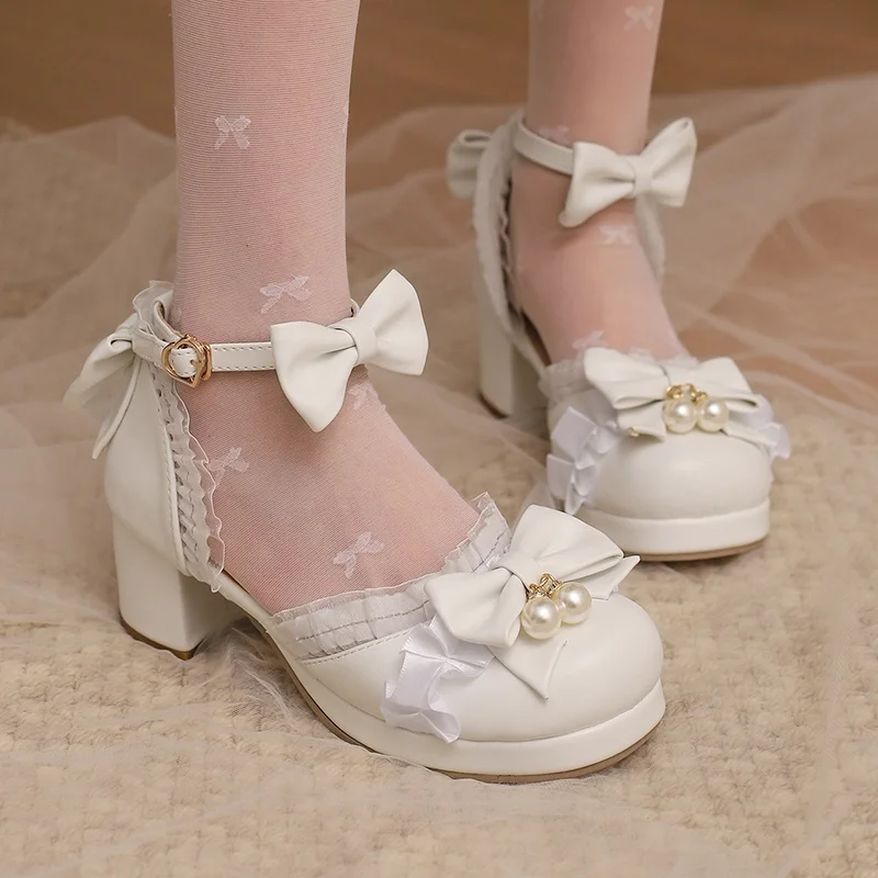 Fair Lolita Style Pearls Princess Sandals Summer 2024 Block High Heel Platform Butterfly-knot Wedding Party Women Shoes White