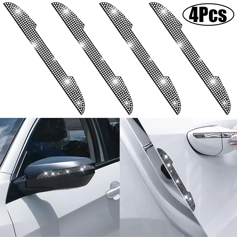 4Pcs Bling Crystal Rhinestone Car Rearview Mirror Door Edge Protector Decoration Universal Anti-collision Strip Sticker Decals