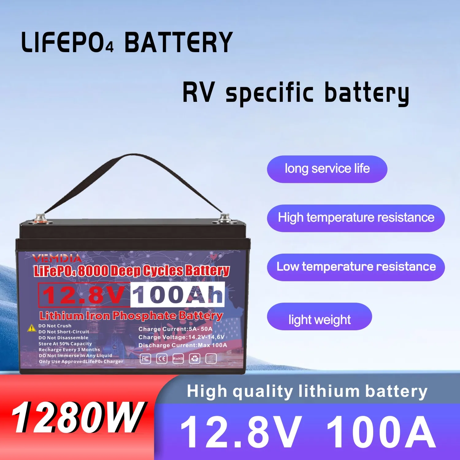 

VEMDIA BMS Equipped 12V 100AH Lithium Iron Phosphate Battery for 10 Years of Safe Power