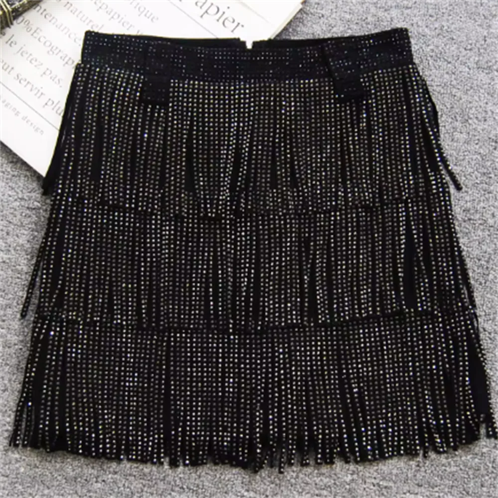 

Autumn and winter new fashion diamond fringed skirt high waist female a skirt spliced Tassel zip Rivet