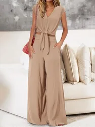 Women Top Pants Suit Elegant Lace-up Knot Women's Top Pants Set For Office Wear V Neck Short Sleeves Solid Color For Women