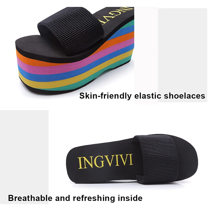 Summer Wedge Slippers Women Platform Sandals Rainbow Beach Flip Flops Home Slippers Open Toe 9cm High Heels Women Shoes Casual