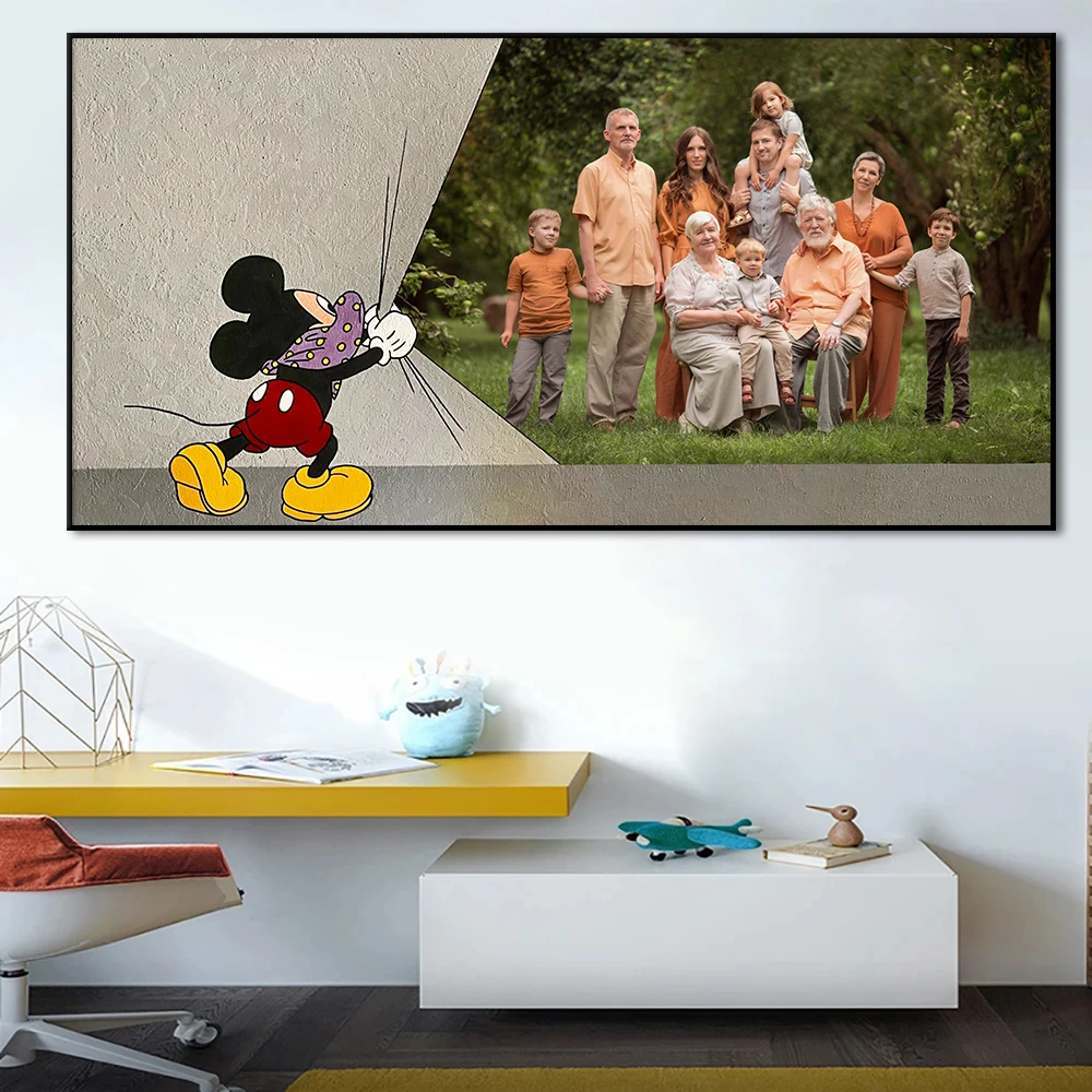 Customize Your Photos Personalized Wall Art Poster Mickey Mouse Opens The Curtain Canvas Painting Print Room Home Decor Cuadros