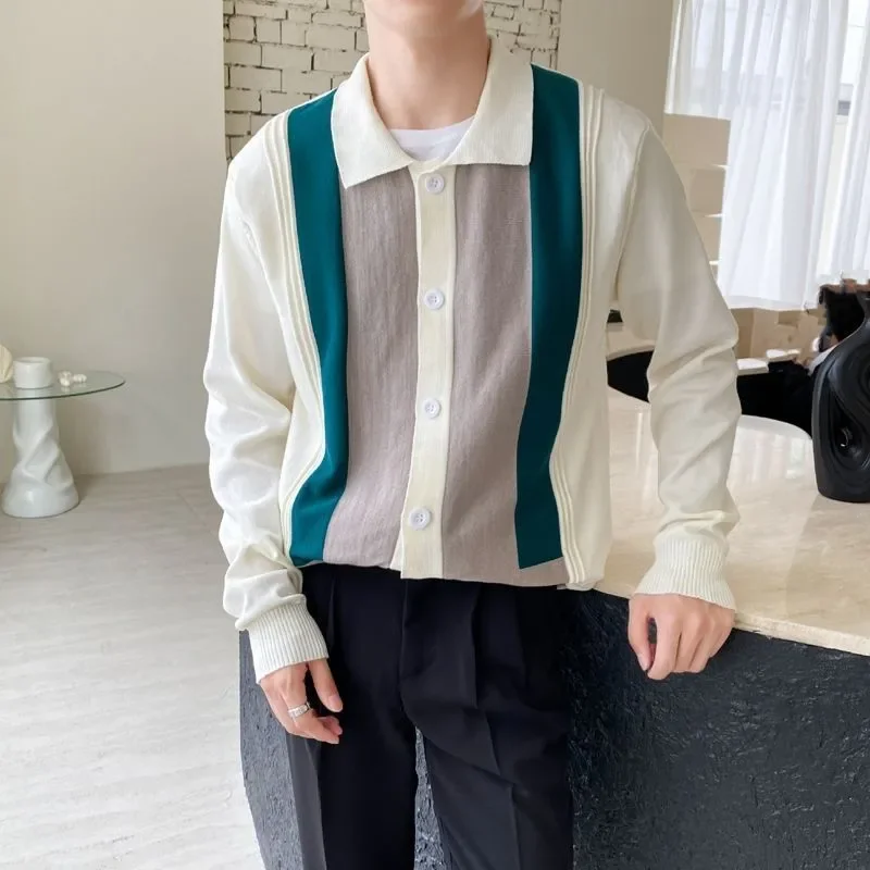 

Casual Men's Long Sleeve Knitted Cardigan Jacket Korean Style Shirt Collar Patch Sweater Top