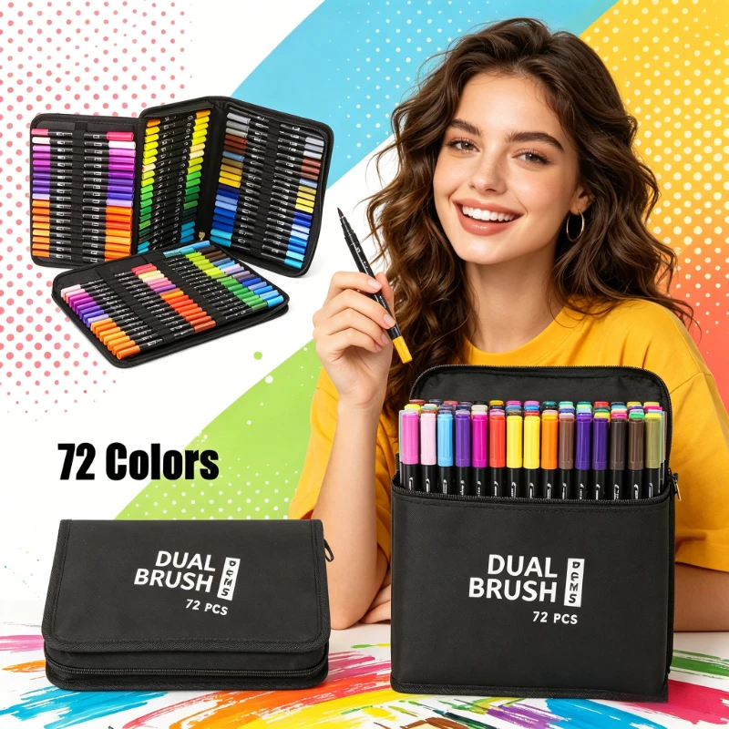 

Набор акварельных маркеров с двумя наконечниками, 72 цвета: кисть и тонкий линер, для рисования, каллиграфии и скетчинга