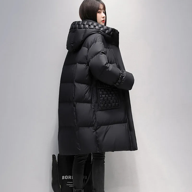 Winter Fashion Warm Black Down Jacket Womens Korean Loose 90% White Duck Down Coat Long Thick Snow Female Hooded Parker Overcoat