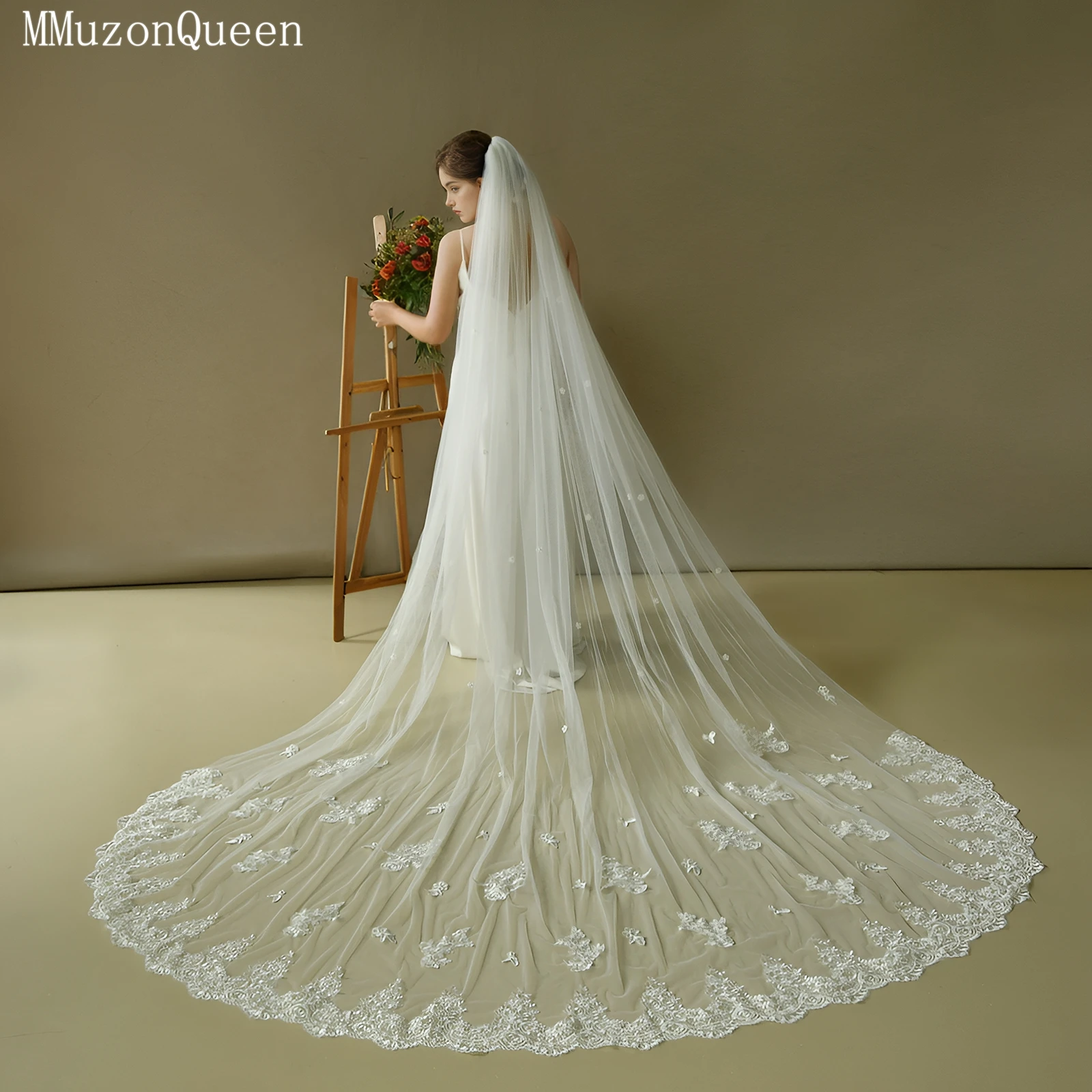 TOPQUEEN Cathedral Wedding Veil Embroidered Lace Veil Elegant Rochii Romantic Eyelash Lace Customizable V293