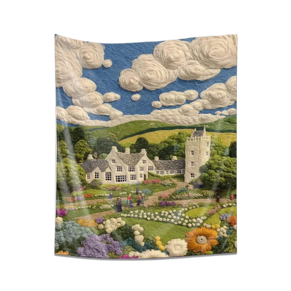 "Pastoral Landscape Embroidery Tapestry - Idyllic Countryside Scene Wall Decoration Hanging Fabric"