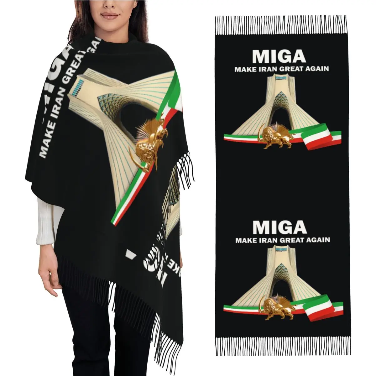 Make Iran Great Again Miga, Bufanda Persa para Mujer, Pañuelos y Chales con Borlas Largas, Chales Vintage de Invierno, Pañuelos Cálidos y Suaves