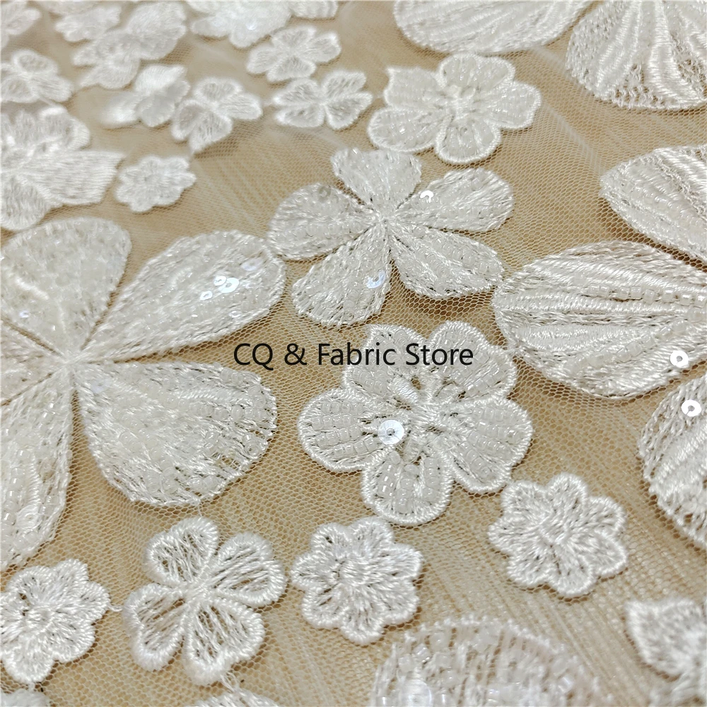 Tessuto di pizzo ricamato a rete con paillettes bianche Tessuto per abito da sposa Accessori fai da te fatti a mano Tessuto di design tagliato a misura