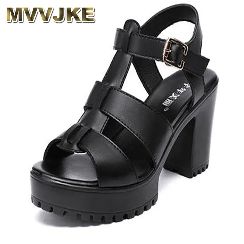 MVVJKE Big Size 32-43 Women High Heels Gladiator Sandals Open Toe Block Heels Platform Shoes For Ladies Office Work Shoes New