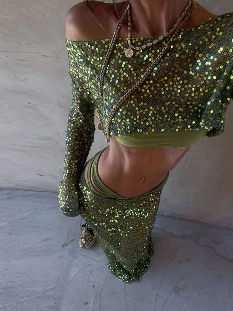 Sexy Sequined Skirts Sets Women Shiny Strapless Full Sleeve Tops Low Waist Mermaid Skirt 2025 Summer Autumn Beach Outfits Lady