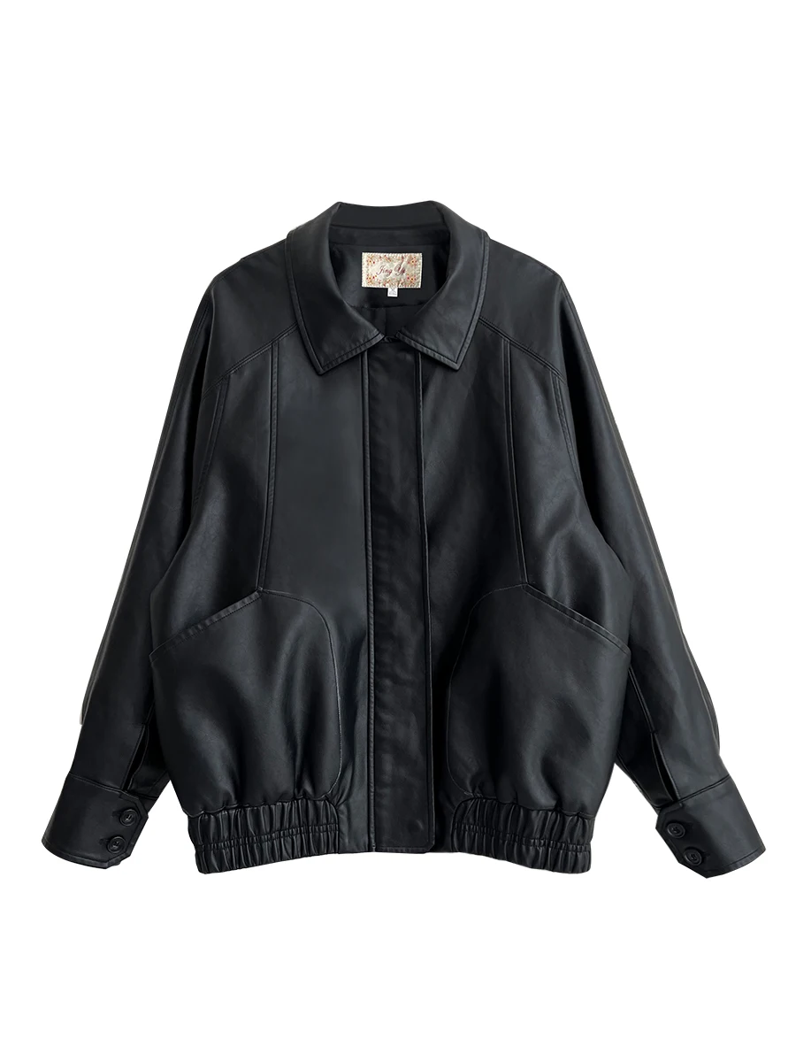 Bla Biker Jaet Lazy Sle Loose Fit oulder Sve Insert Design Retro Sensation Cappotto in pelle PU da donna Lungo Sve