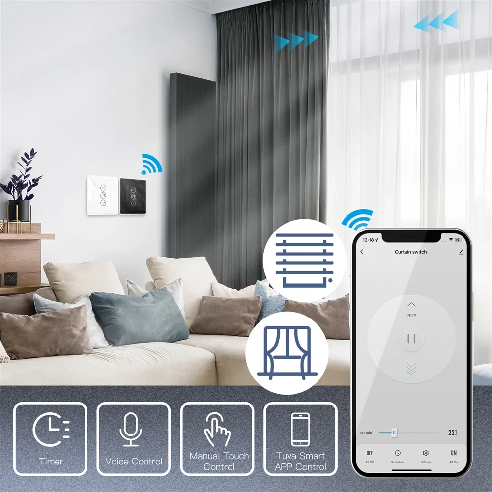 MOES WiFi RF433 Smart 2.5D Arc Glass Touch Curtain Switch for Roller Blinds Shutters Smart Life/Tuya APP Works Alexa Google Home