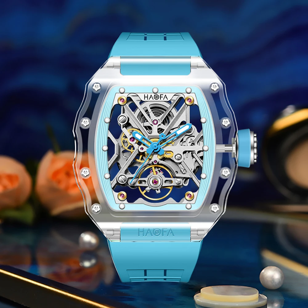 Haofa Transparent Crystal Automatic Mechanical Watches for Men Luxury Double-Sided Hollowing Waterproof Luminous Mens Watch 2202