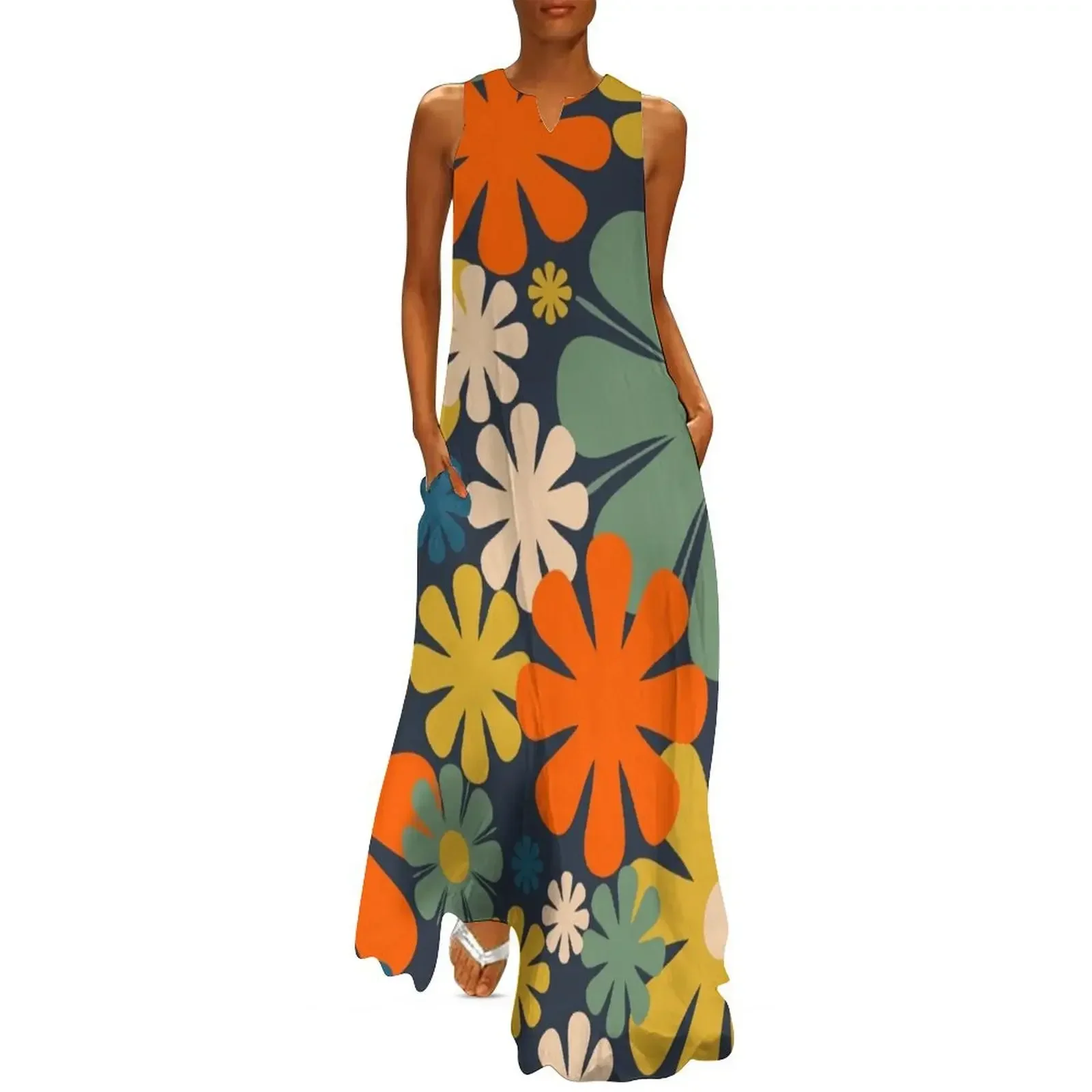 

Retro Flowers 60s 70s Aesthetic Floral Pattern in Blue Mustard Orange Eucalyptus Long Dress luxury woman party dress Dress
