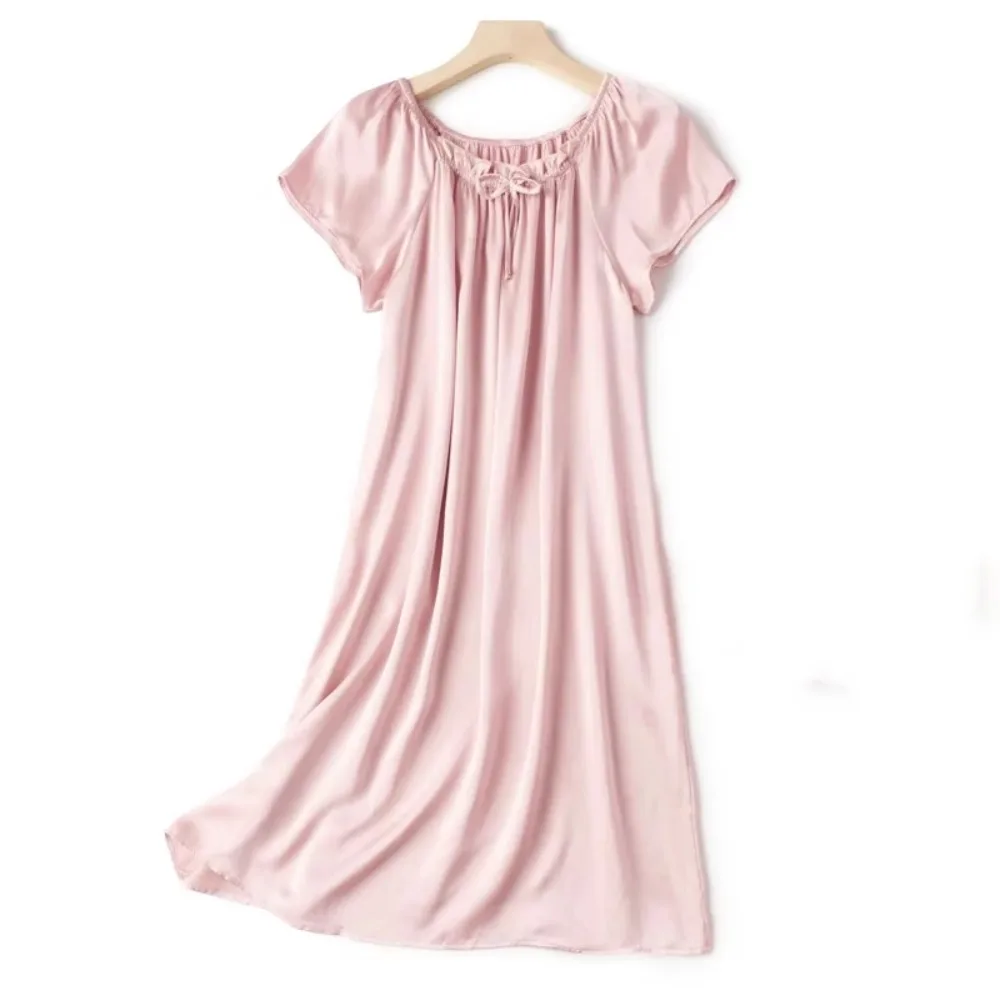 Women's Summer Casual Clothing 100% Natural Mulberry Silk Plain Satin Loose Short Sleeved Solid Color Princess Nightdress