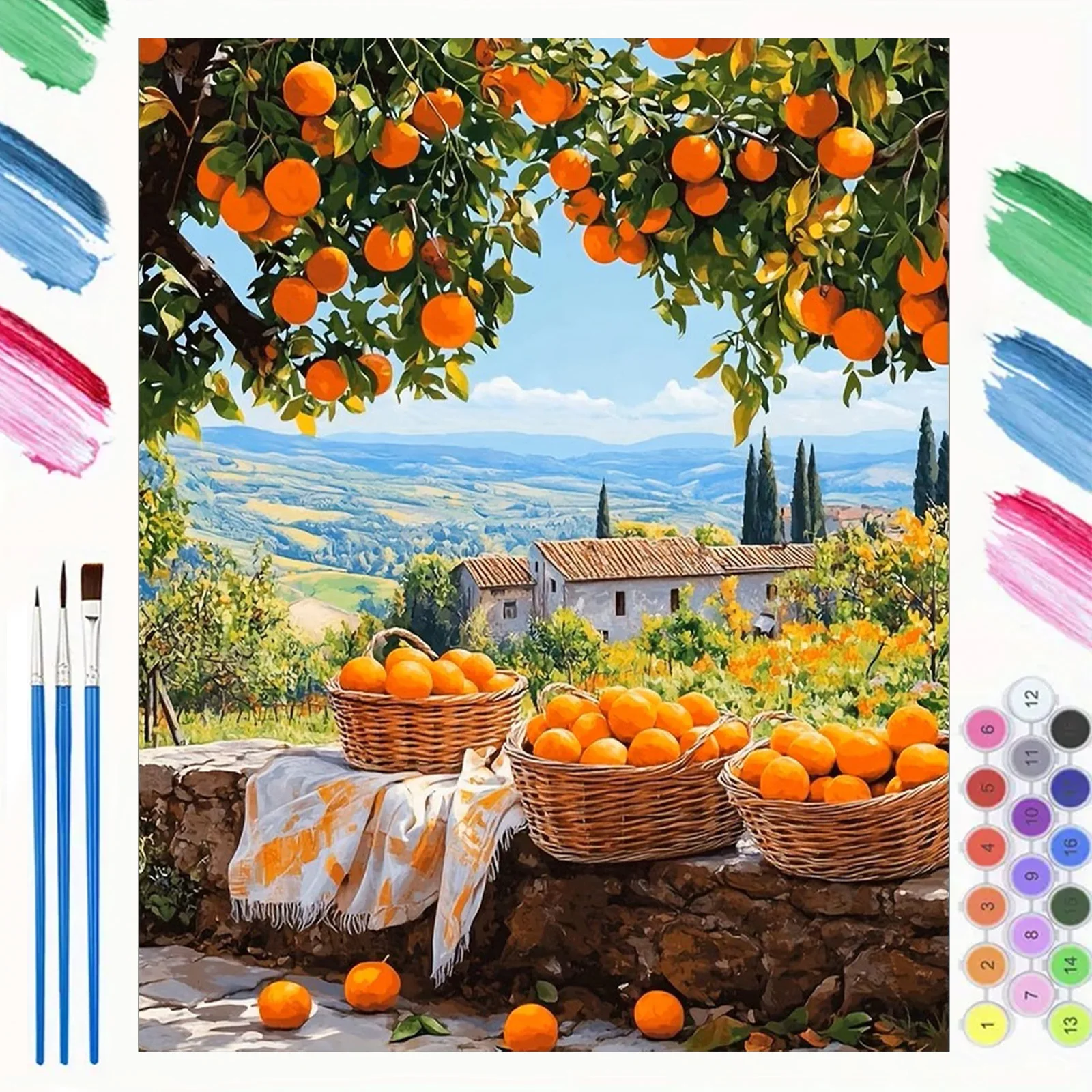 DIY Malen nach Zahlen Set: Orangenbäume, Acrylfarben, DIY Zahlenmalerei Kunst auf Leinwand nach Zahlen