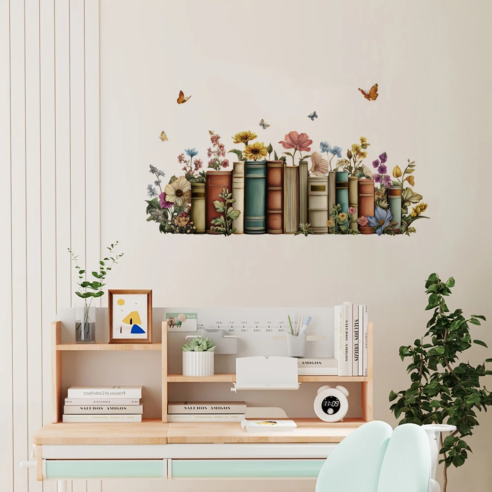 Reading Corner Book Learning Wall Stickers Flowers Books Butterflies Wall Decals Library Classroom Office Home Wall Decor