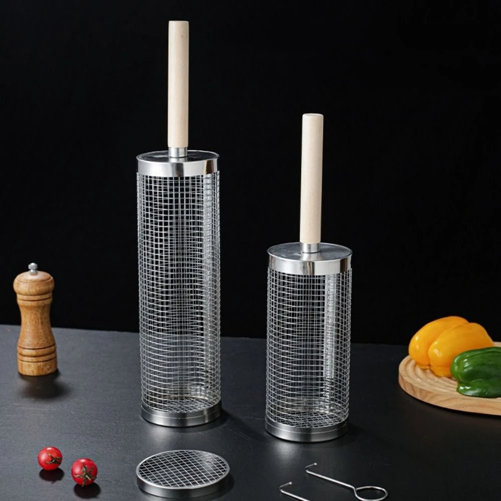 2/3Pcs Set Useful Stainless Steel BBQ Basket Cylinder Wire Mesh Rolling Grilling Basket Thicken Portable Barbecue Rack Picnic