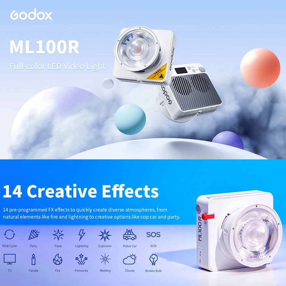 Godox ML100R Full-color LED Video Light Compact Portable 1800-10000K RGB Photography Fill Light