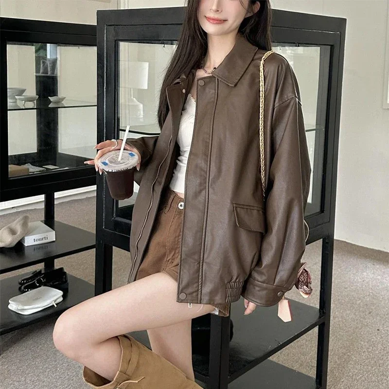 2025 New American Retro Faux Leather Jacket Women Autumn Y2K Long Sleeve Pu Jackets Woman Stylish Loose Zipper Moto Biker Coats