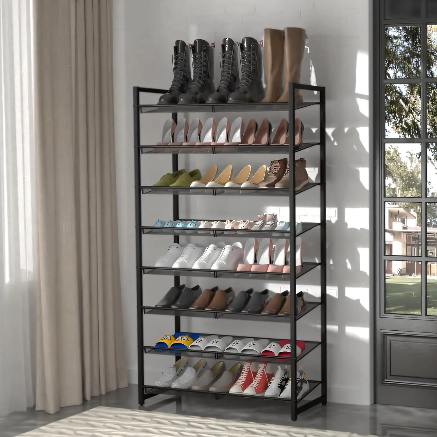 Metal Shoe Organizer Rack Tall Eight Tier Adjustable Angled Flat Shelves Holds Forty Pairs Entryway Garage Closet