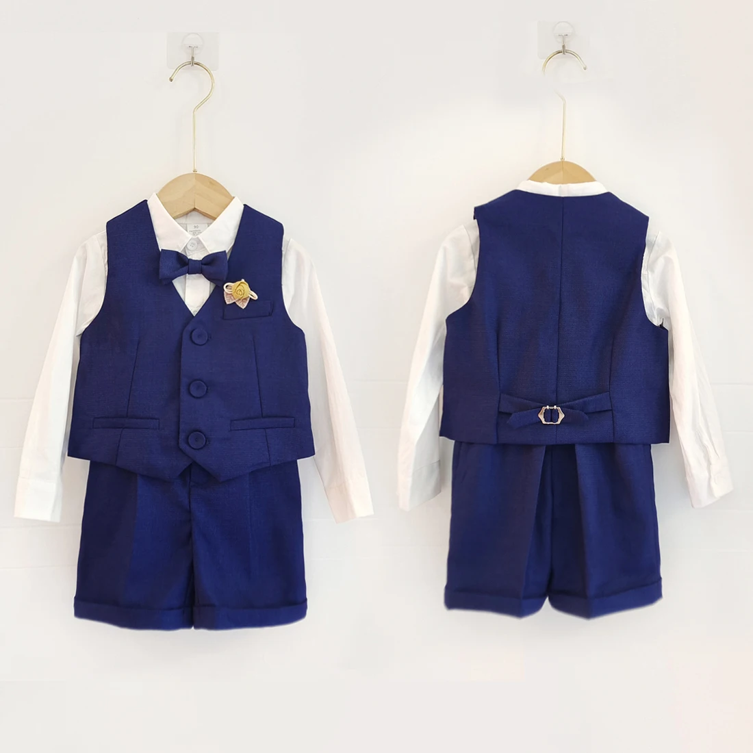 Boy Suit Boutique Boys Girls Clothes Set Formal Birthday Suit Kids Blue Vest Shirt Short Bow tie Overalls Dress Suit Costume