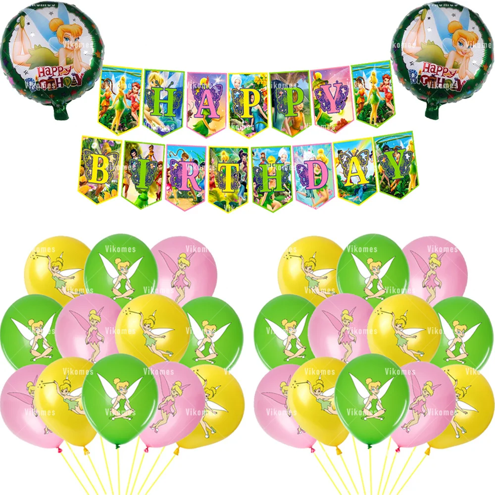 بالونات رقائق خرافية من تينكربيل للفتيات ، بالونات بيكسي خضراء ، زينات حفلات أعياد الميلاد ، جرس تينكر ، راية كرتون ، غطاء علوي للكعك ، مجموعة واحدة