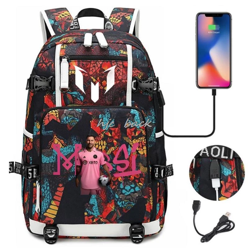 New Messi School Bags Black Notebook Backpack USB Charging Waterproof Women Men Laptop Casual Knapsack Trendy Cool High-capacity