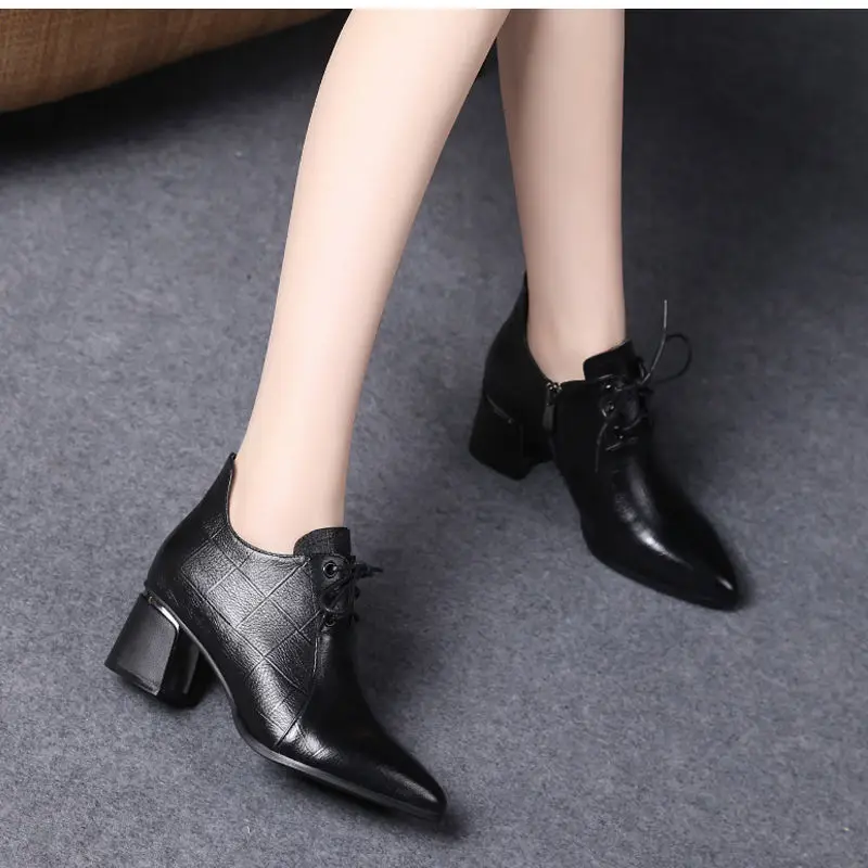 Real Soft Leather Women Ankle Boots Spring and Autumn High Heels Women\'s Boots Mid-heel Lace-up Small Leather Women\'s Boots