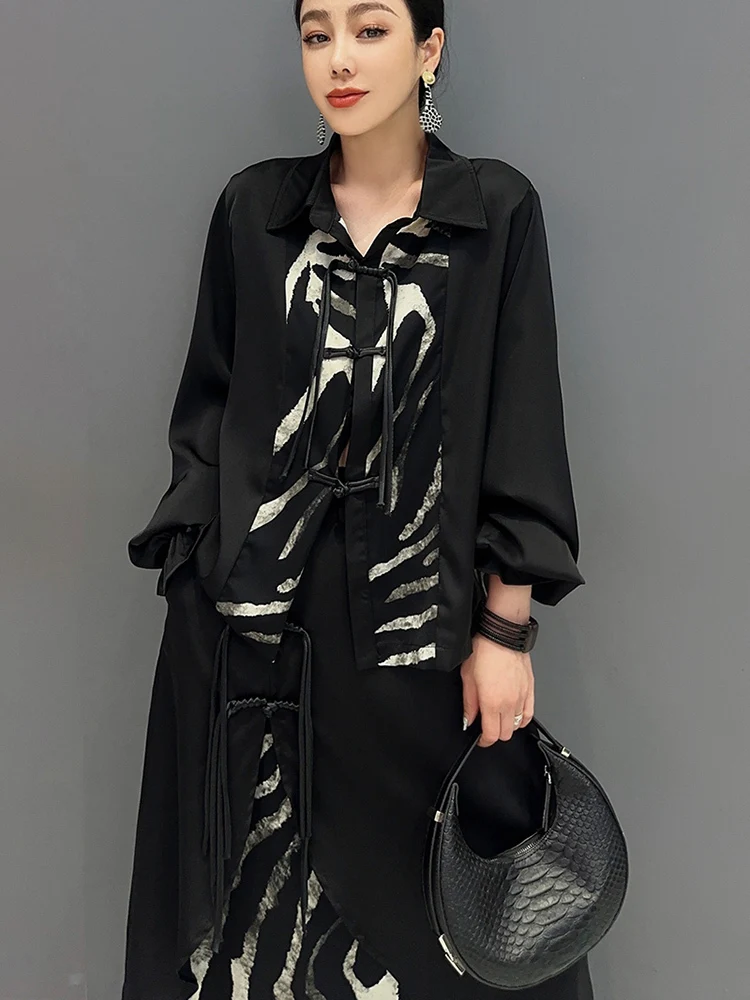 SHENGPALAE 2024 Spring Summer New 2 Piece Set Chinese Style Spliced Long Sleeved Shirt Long Skirt Elegant Women Clothes 5R9787