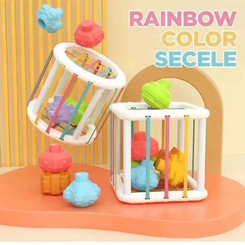 

Baby Montessori Shape Sorter Cube Rainbow Colorful Blocks Sorting Game Infant Cognitive Grip Training Learning Educational Toy
