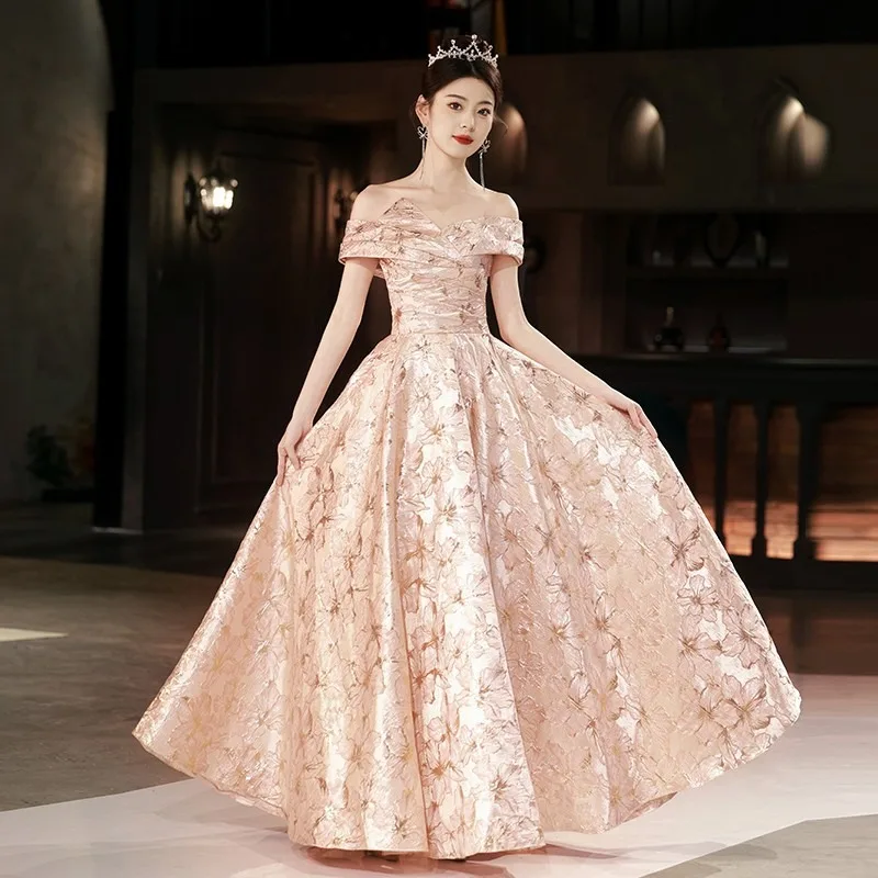 

2025 New Women's Summer Light Luxury One Shoulder Gold Pink Sexy Evening Dress Fashionable Slimming Host Performance Dress