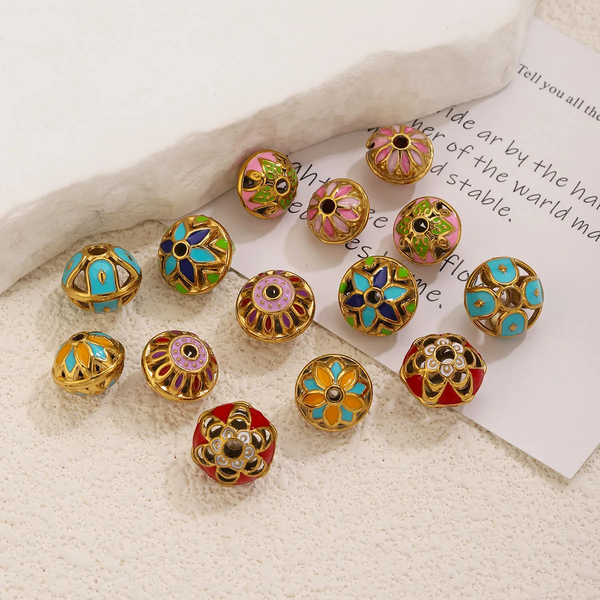 5PCS Stainless Steel Enamel Spacer Beads PVD Gold Mixed Floral Pattern DIY Jewelry Making for Bracelet Necklace Craft Supplies view 4