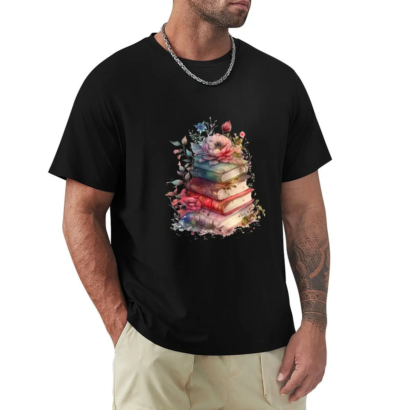

Floral Watercolor Stacked Books T-Shirt korean fashion plus sizes graphic t shirt vintage mens designer t shirt