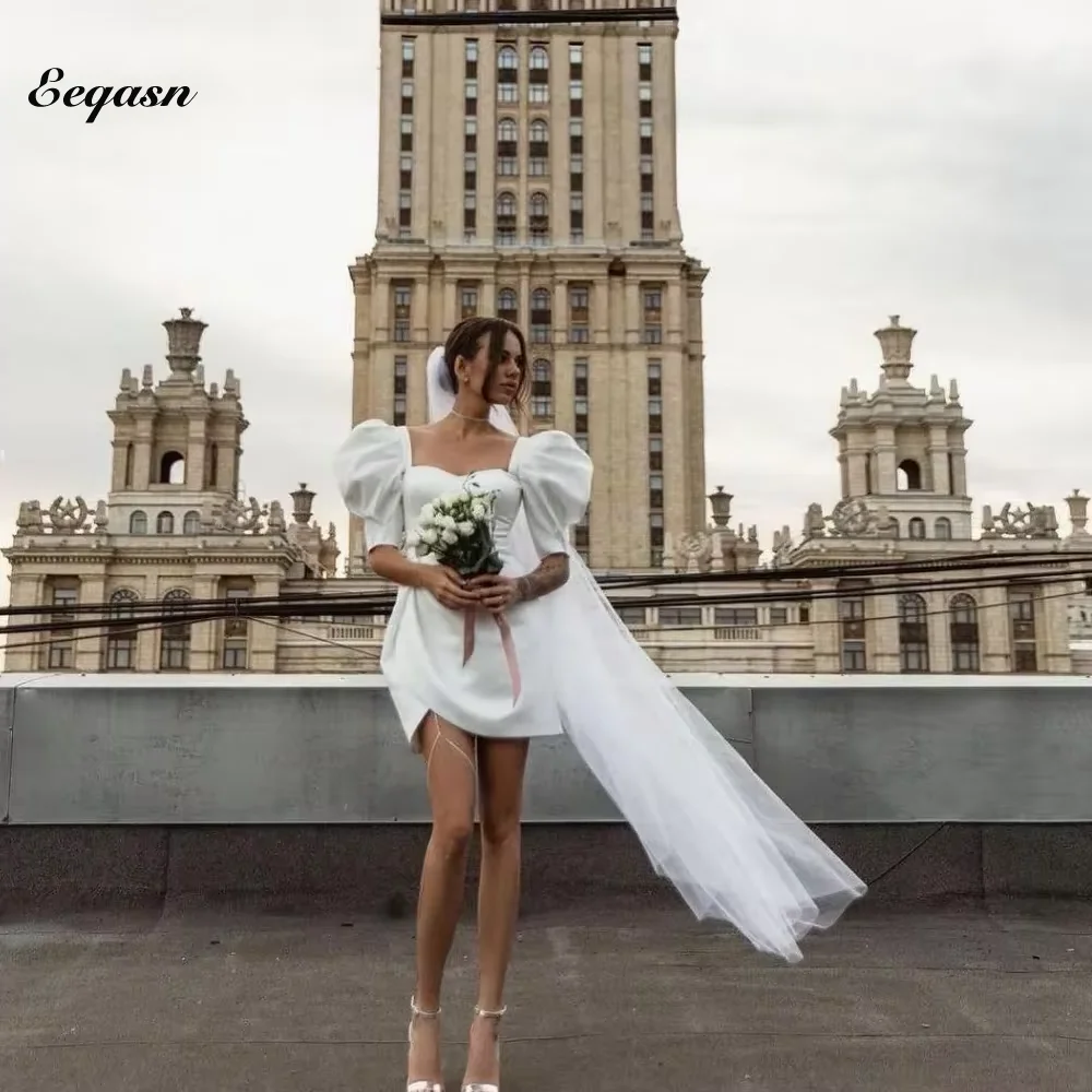 

Elegant Square Neck Korea Short Wedding Dresses Photos Shoot Short Sleeve Bride Dress With Long Veil Custom Bridal Gown