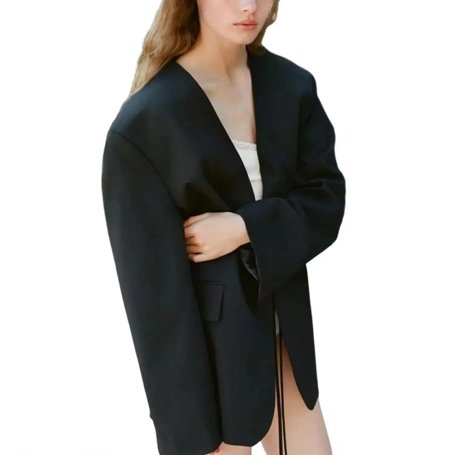 2024 streetwear feminino outwears casual oversized preto blazer feminino com decote em v laço bolsos jaquetas soltas moda