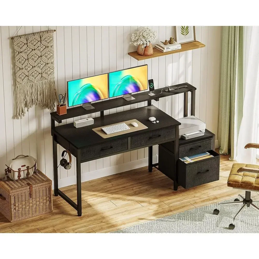 48 Office Desk with 4 Drawers, Printer Shelf, and Built-in Power Outlet for Small Spaces, Black