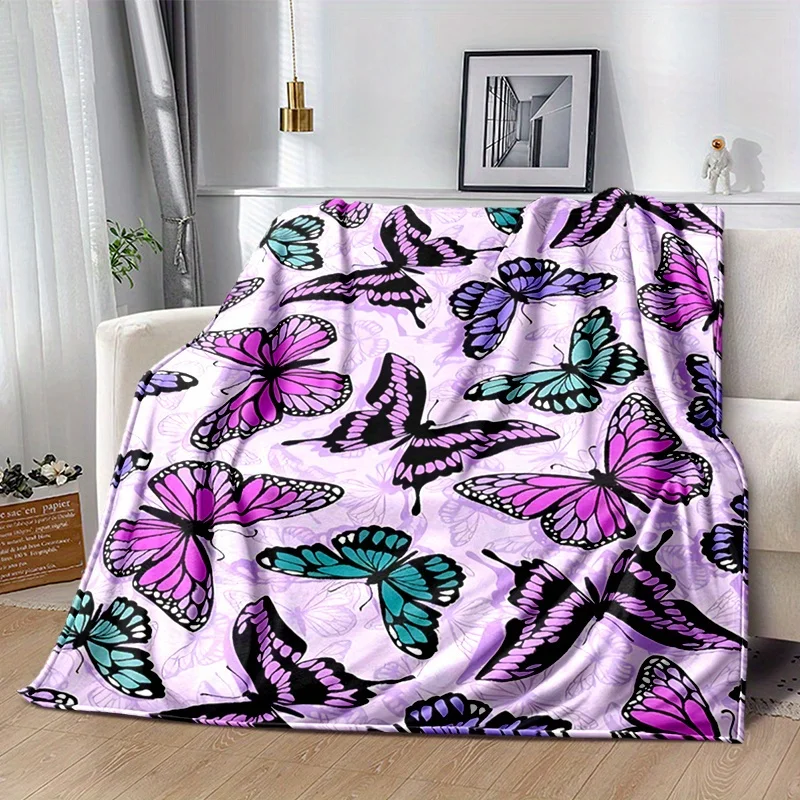 Purple Background Colorful Pink Teal Butterfly Print Flannel Blanket Soft Throw For Sofa Bedroom Indoor Daily Home Decor Gift