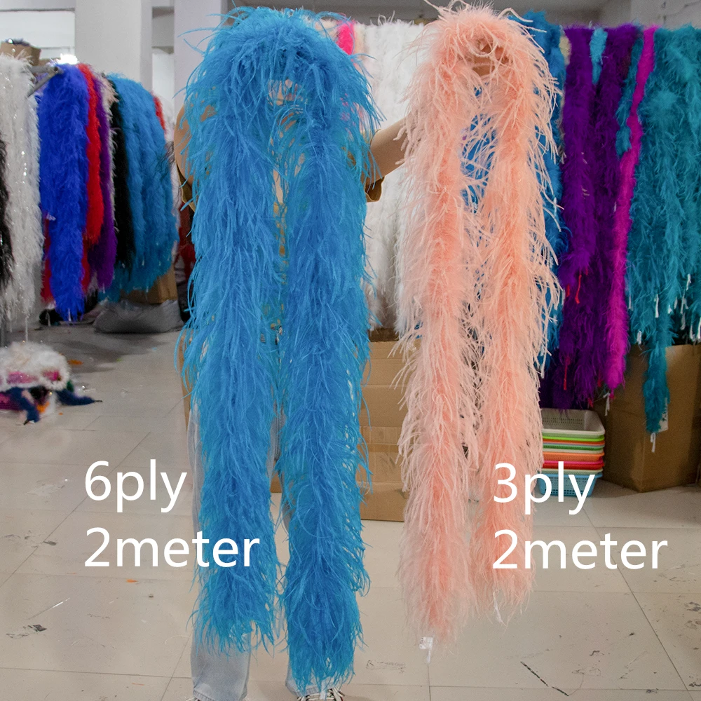 1 or 2 Meter Ostrich feather boa 6ply 3ply 2ply Thick Fluffy Ostrich plumas Decoration Trim Costume Clothing Sewing Accessory