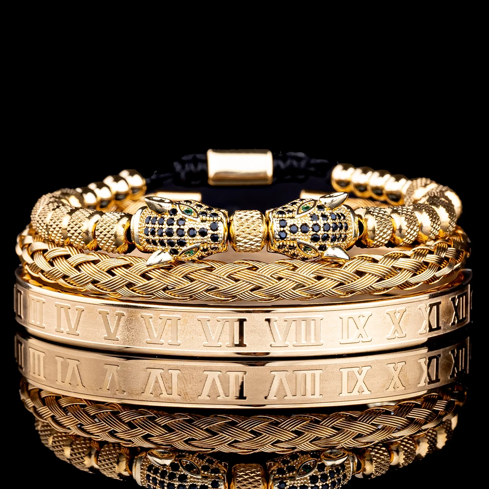 Classical Handmade Braiding Bracelet Hip Hop Men Bracelets Pave CZ Leopard Head Roman Numeral Bracelet Stainless Steel Jewelry